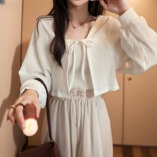 胖mm防晒开衫 短款 外套女夏季 绑带小坎肩罩衫 外搭披肩上衣 薄款 大码