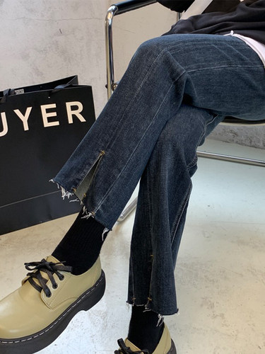 开叉九分直筒裤加绒牛仔春秋显瘦