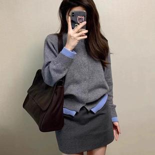 大码 外套女春秋冬慵懒风毛衣设计感撞色上衣 胖妹妹假两件针织开衫