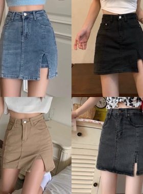 大码胖mm高腰开叉包臀牛仔半身裙女夏季韩版学生复古a字短裙裤子