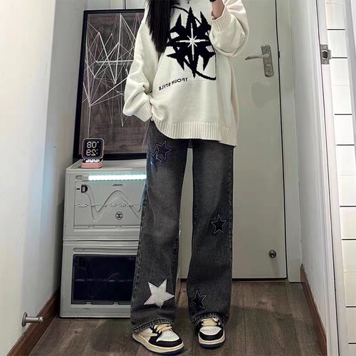 星星牛仔裤直筒显瘦阔腿裤ins潮