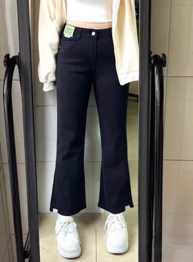 加绒加厚牛仔裤女春秋冬大码黑色微喇叭梨型身材显瘦九分烟管裤子