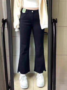 加绒加厚牛仔裤女春秋冬大码黑色微喇叭梨型身材显瘦九分烟管裤子