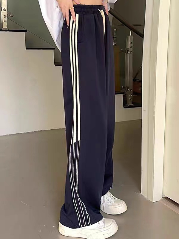 梨形身材休闲加绒运动裤女春秋冬大码胖mm高腰显瘦垂感条纹阔腿裤