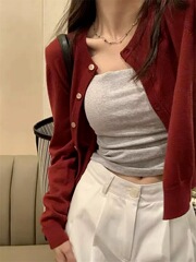 慵懒风红色针织开衫上衣女春秋复古大码胖妹妹长袖打底衫毛衣外套