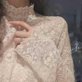 胖mm高领网纱长袖 女大码 内搭加绒上衣 蕾丝钩花镂空打底衫 秋冬韩版