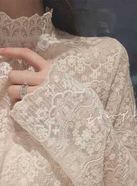 秋冬韩版蕾丝钩花镂空打底衫女大码胖mm高领网纱长袖内搭加绒上衣