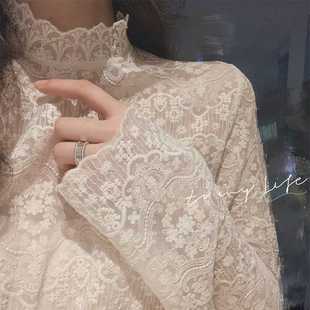 胖mm高领网纱长袖 女大码 内搭加绒上衣 蕾丝钩花镂空打底衫 秋冬韩版