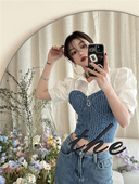 胖妹妹短袖 法式 牛仔衬衫 大码 女夏季 新款 polo领泡泡袖 正肩拉链上衣