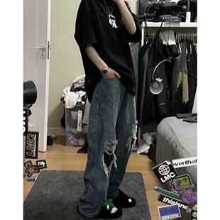 大码美式复古破洞阔腿牛仔裤女春夏季新款高腰宽松直筒垂坠感裤子