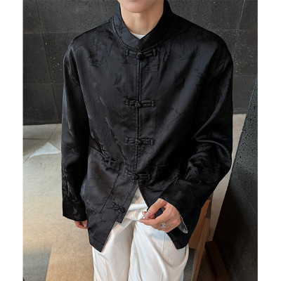 220斤可穿翻袖撞色花鸟提花衬衫