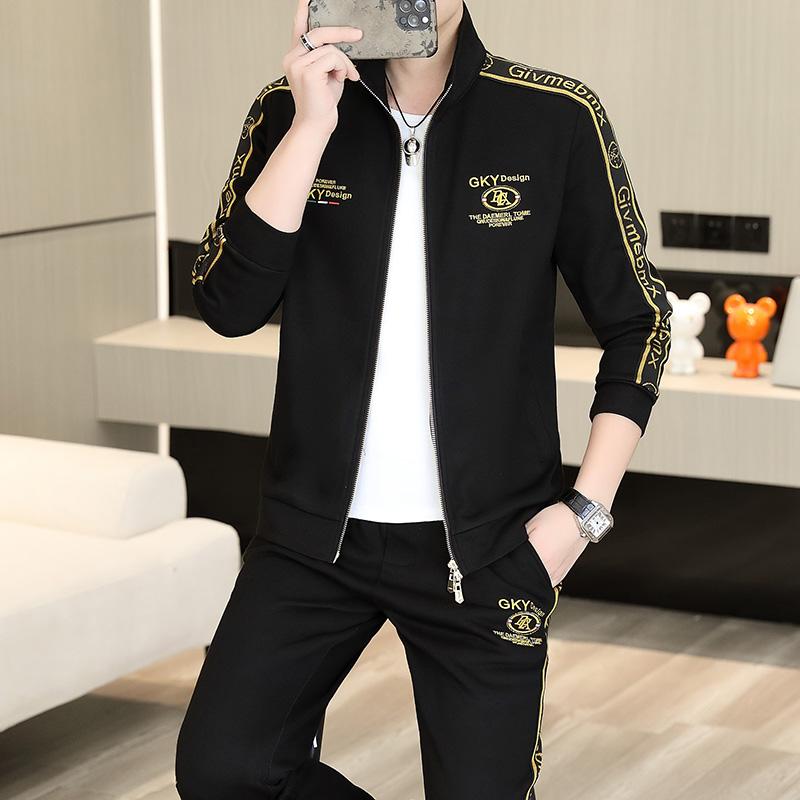 立领开衫卫衣套装男春秋新款时尚休闲运动帅气欧货潮牌刺绣两件套