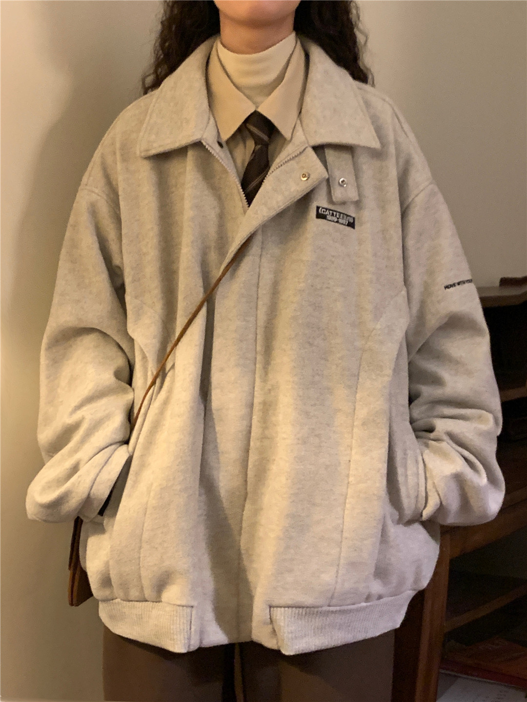 美式复古潮牌飞行员夹克外套女宽松百搭冬季加厚保暖翻领毛呢大衣