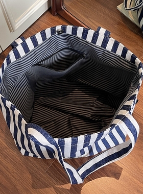 蓝色条纹大容量上课上班通勤包大包2025新款潮百搭托特包布包