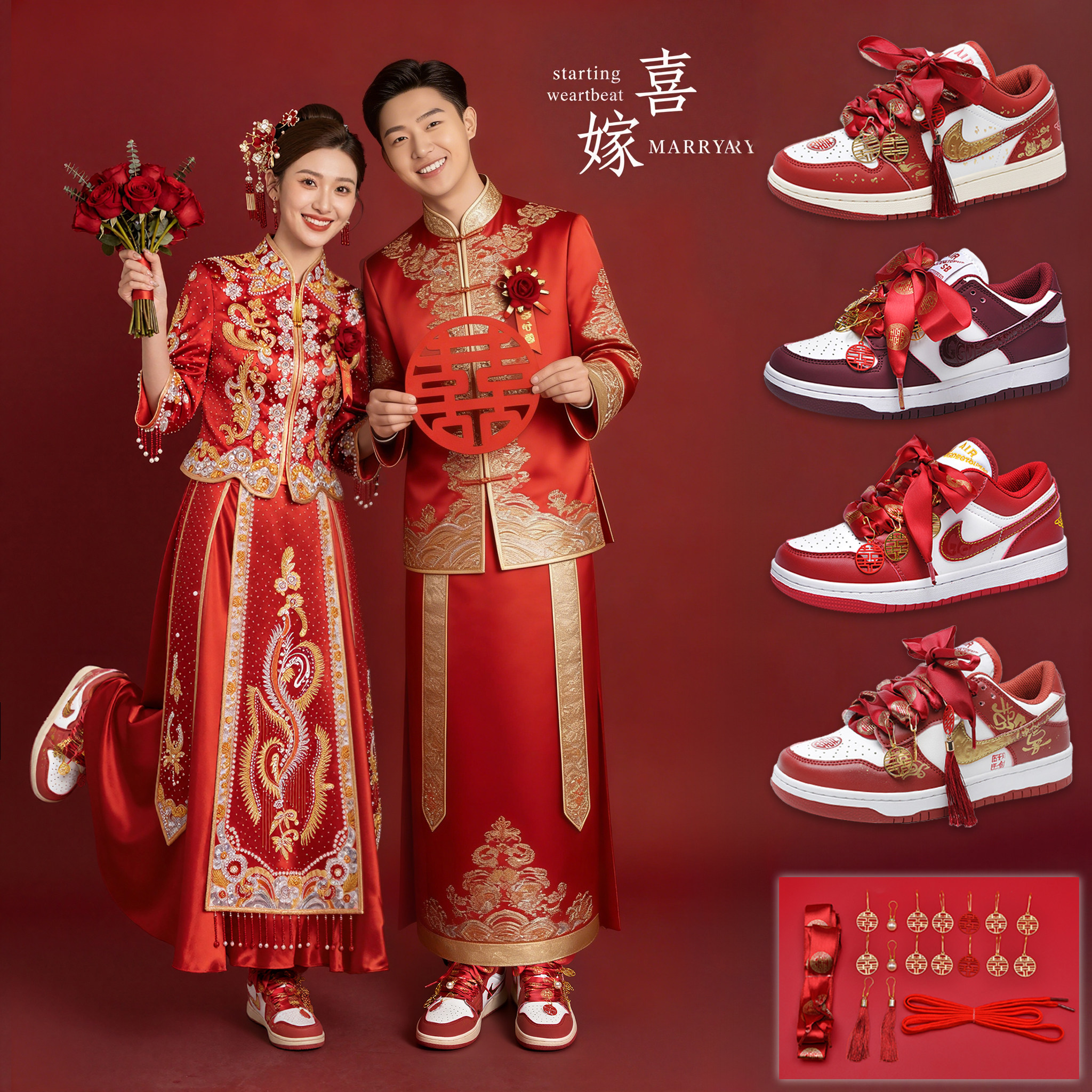 红色婚鞋新娘鞋禾秀婚纱两穿平底结婚绝美不累脚男女一对伴娘女鞋