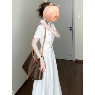 2025新款 韩系polo领白色短袖 夏季 衬衫 小个子收腰长裙 连衣裙子女装