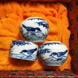 颠颏鸟食碗 百灵鸟食罐 金鱼花鸟图麻料朱雀 金青青花手绘鸟食杯