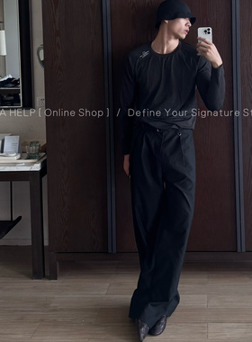 AHELP高端系列老钱风黑色宽松休闲直筒长裤高级百搭盖脚垂感裤子