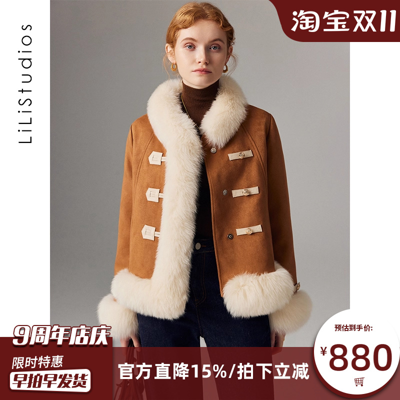 狐狸毛皮草外套女麂皮绒鹅绒内胆