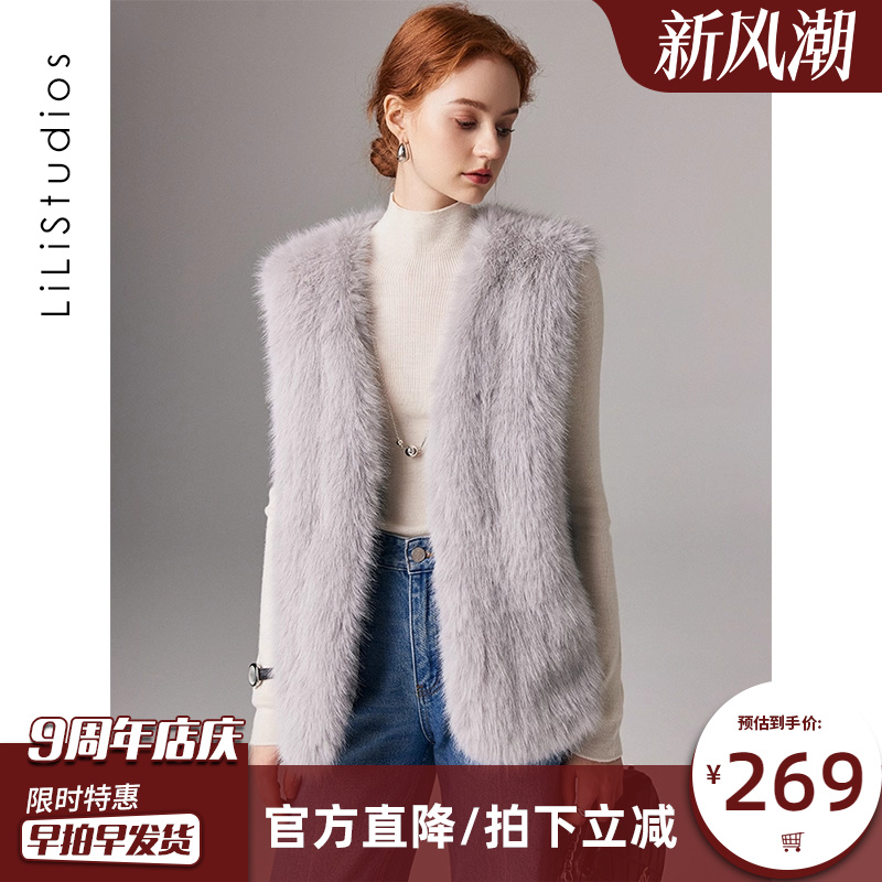 进口整皮狐狸毛皮草马甲女修身年轻款环保仿毛毛披肩背心冬季外套
