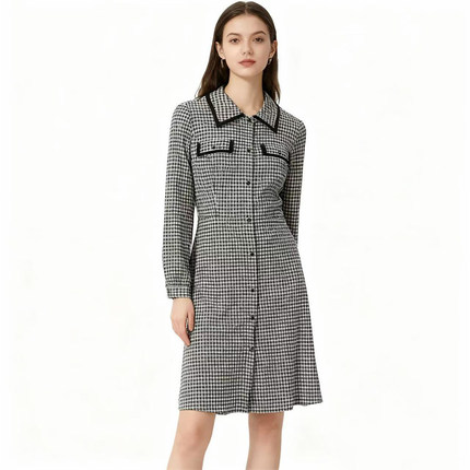 【恋】淑女连衣裙复古小香风千鸟格中长款气质优雅修身显瘦YL960