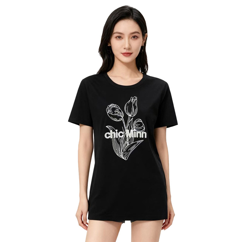 【D玛纳】时尚撞色花卉T恤简约休闲舒适透气短袖上衣DMA841