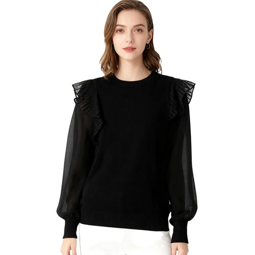 【D玛纳】名媛时尚线衫荷叶边设计气质简约舒适显瘦针织衫DMA913