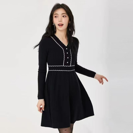 【恋】女式连衣裙小香风V领线条中长款气质优雅修身显瘦YL1086