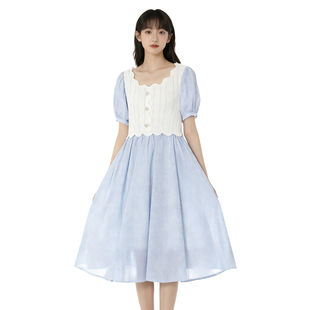 连衣裙拼接撞色甜美小清新修身 淑女泡泡短袖 度假风YL904 恋