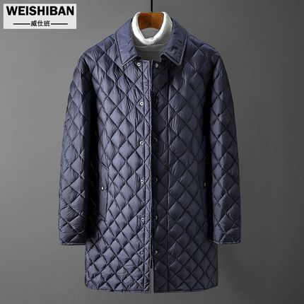 冬季羽绒服男高级轻薄中长款休闲翻领羽绒衣商务帅气菱形格防寒服