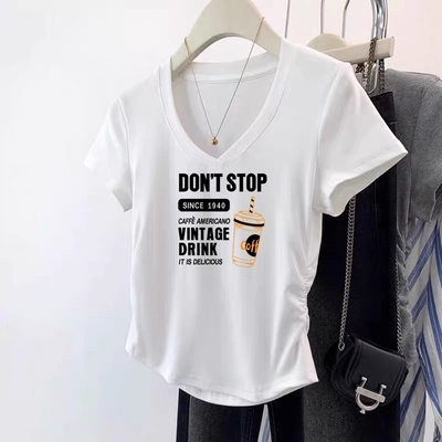 正肩修身显瘦V领夏季纯棉短袖t恤女设计感小众抽褶收腰短款上衣