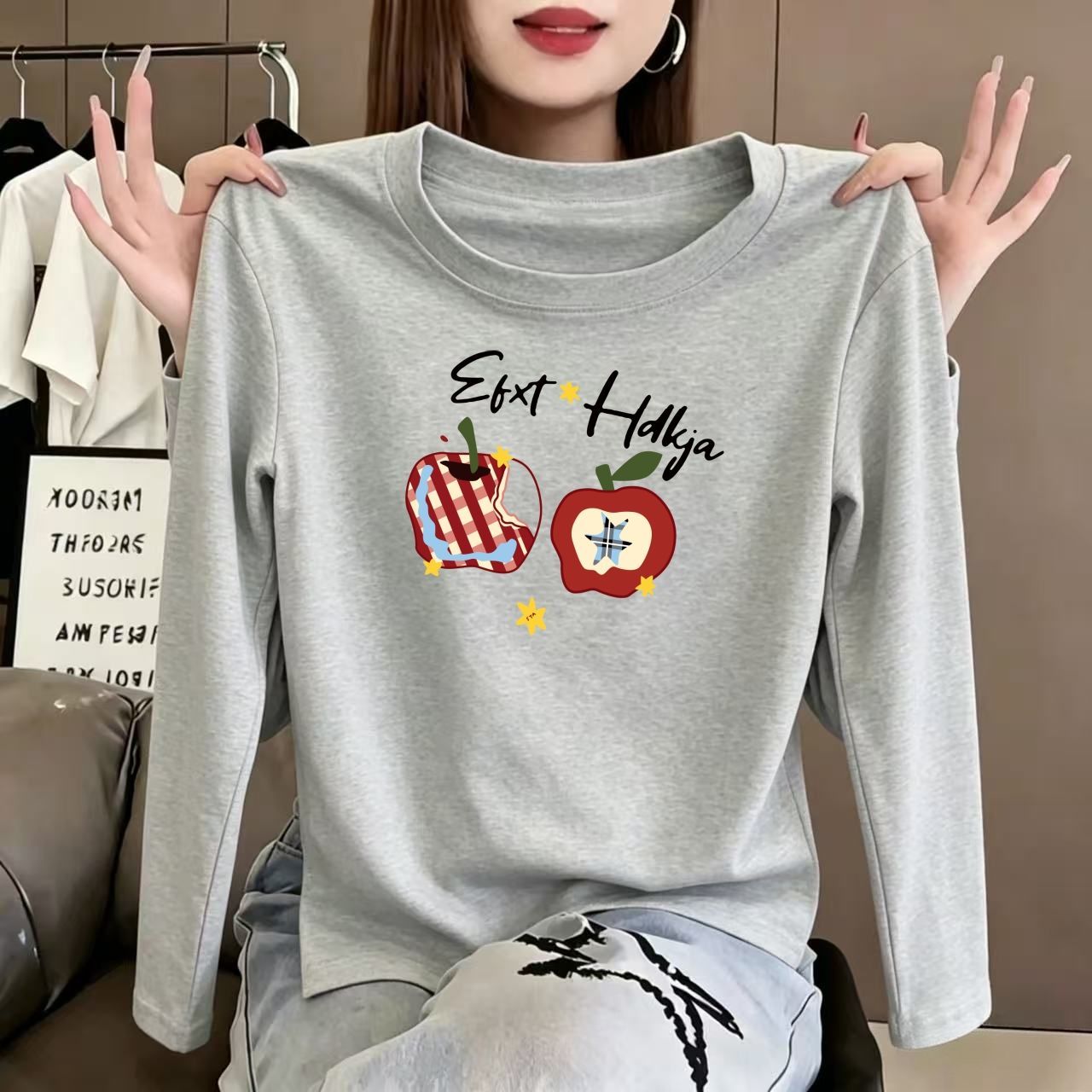 春秋纯棉长袖女士T恤宽松显瘦