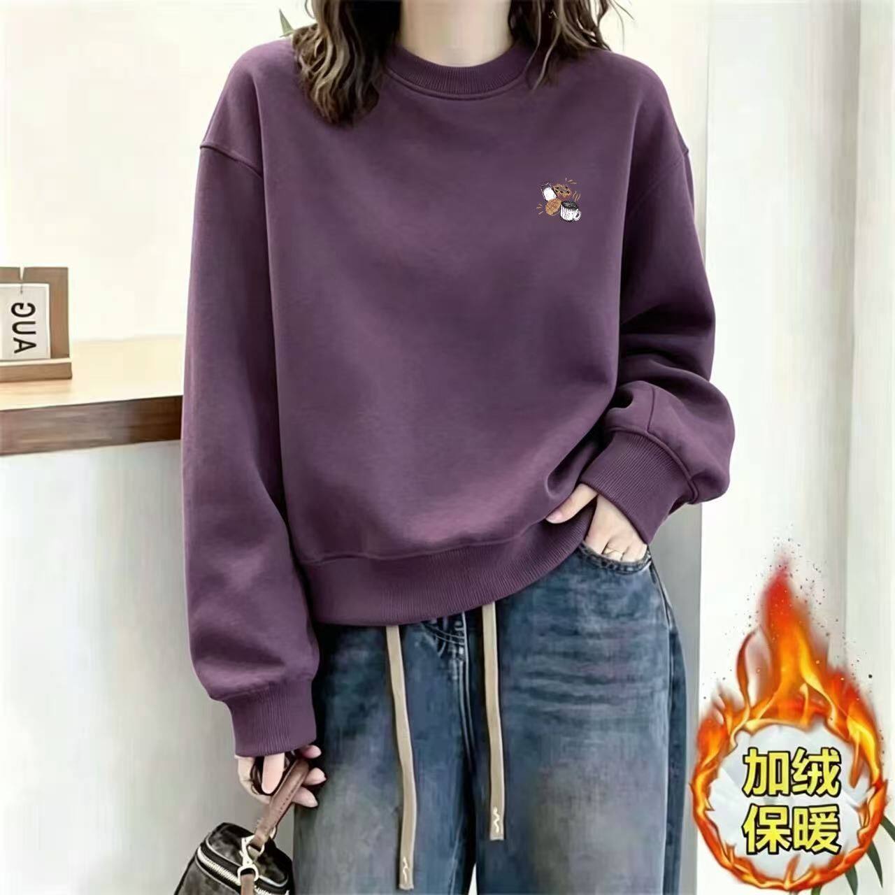 秋冬加绒加厚棉质宽松卫衣女