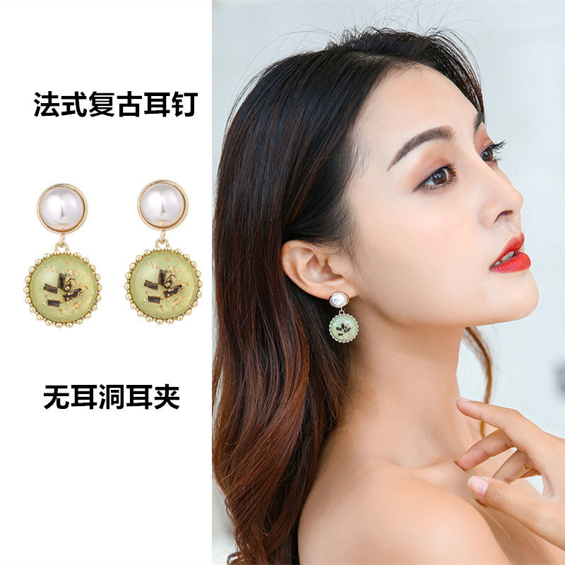 韩国东大门复古耳环无耳洞耳夹女金箔薄荷绿珍珠气质百搭耳钉耳饰