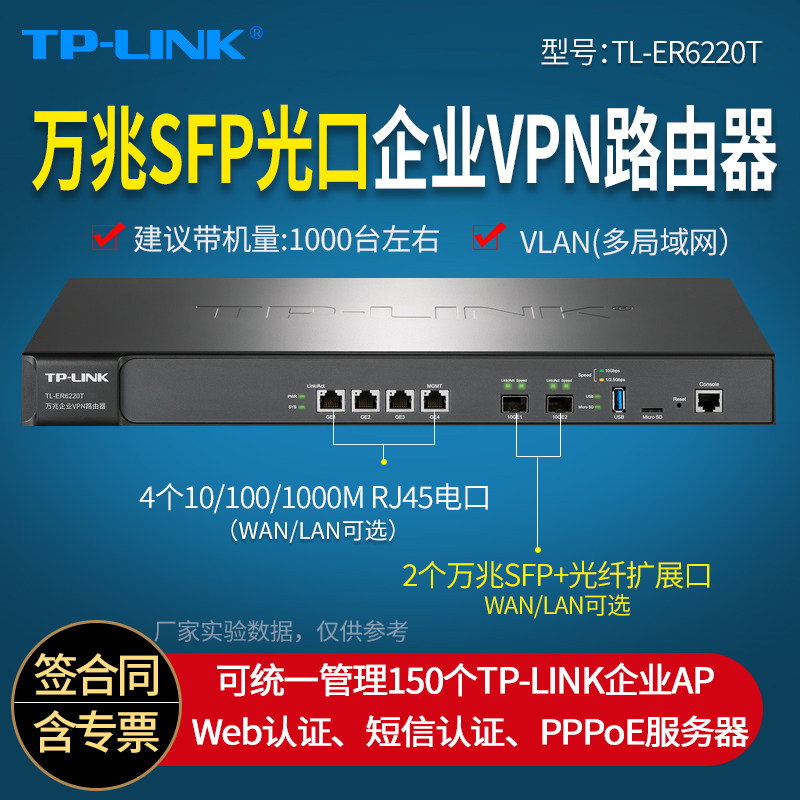普联TP-LINK TL-ER6220T 企业级VPN路由器  万兆SFP+光口+4个千兆电口  带机量1000台左右 VLAN多网段