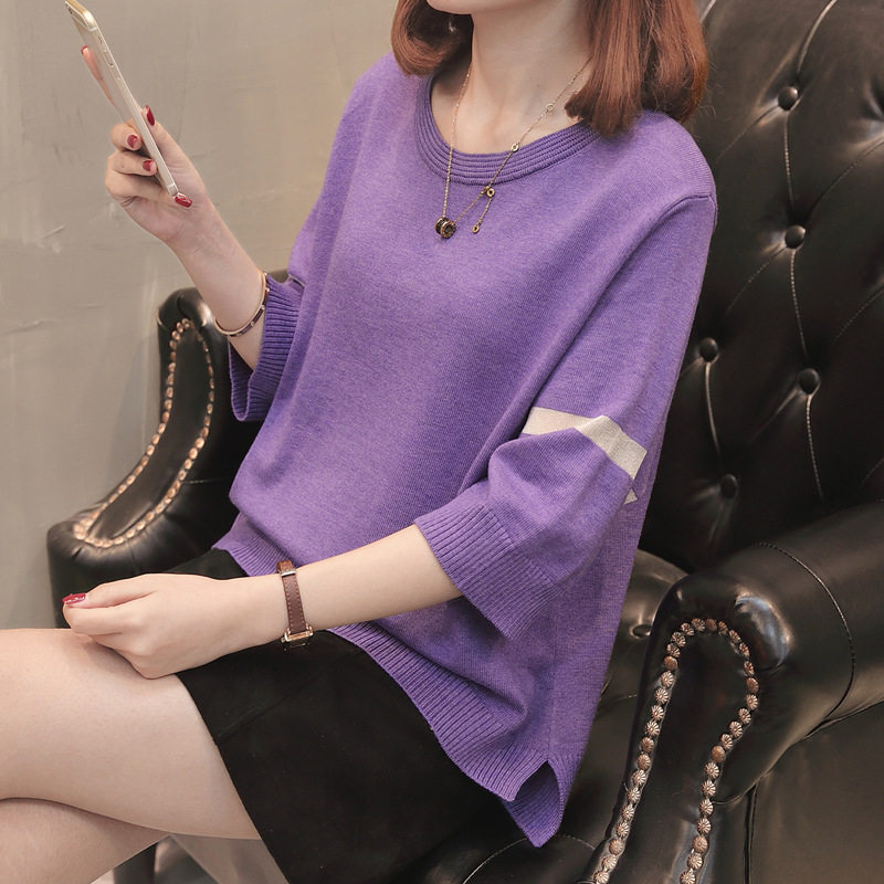 宽松大码短款冰丝针织衫七分袖套头上衣2020春装新款女中袖百搭薄