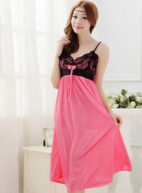 纯欲性感睡衣夏季冰丝吊带睡裙V领露背蕾丝火辣诱惑中裙女家居服