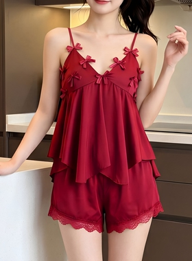 性感睡衣女夏冰丝吊带短裤两件套装立体蝴蝶结高级感带胸垫家居服