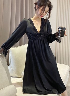 纯欲性感黑色蕾丝睡裙女长袖冰丝深V领收腰显瘦私房家居服中裙子