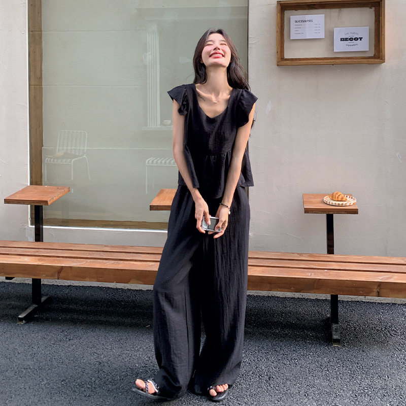 实拍黑色棉麻套装女夏季