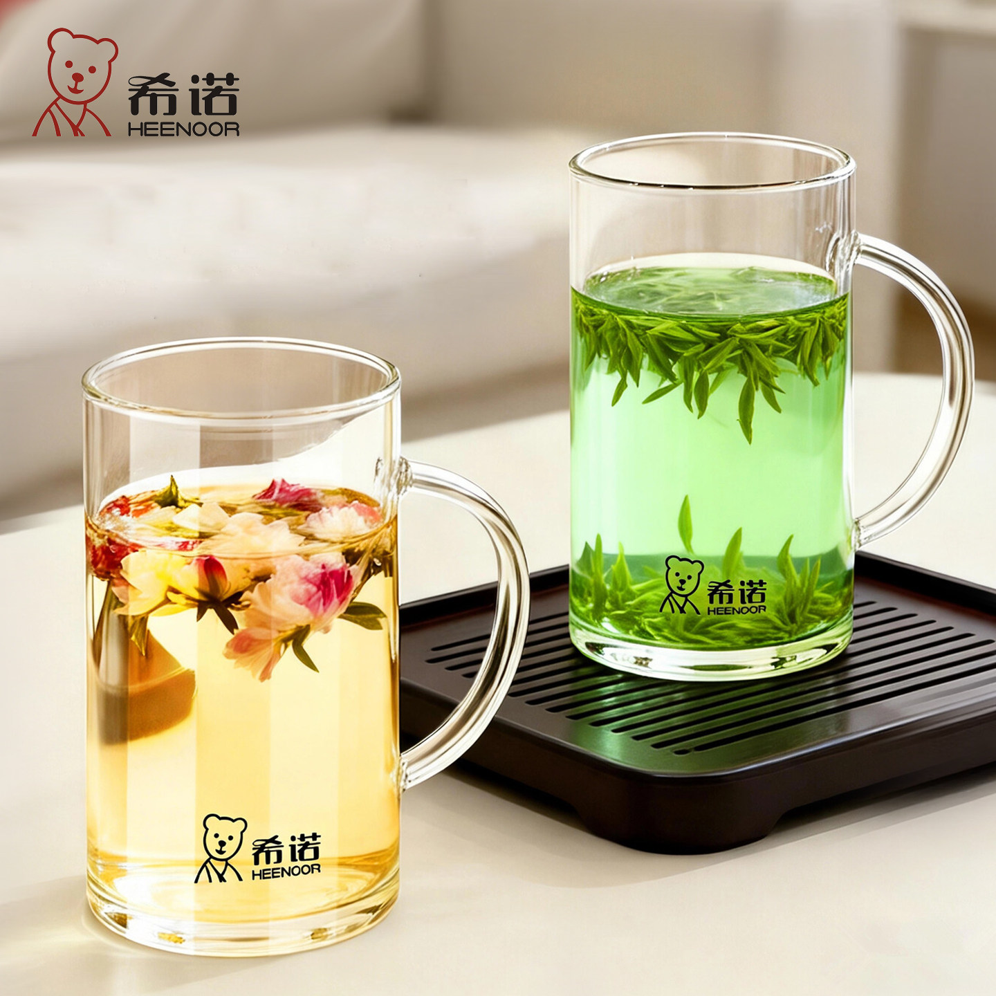 希诺带手柄泡茶杯单层加厚大容量男女士办公室家用水杯子高档透明