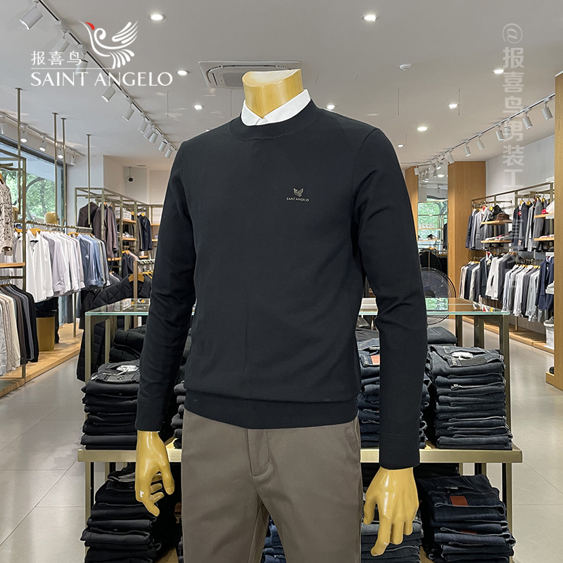 报喜鸟100%美丽诺绵羊毛黑色圆领