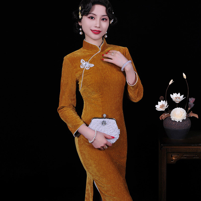高级感素雅长袖改良金丝绒旗袍年轻款高贵洋气长款2024新款秋款女