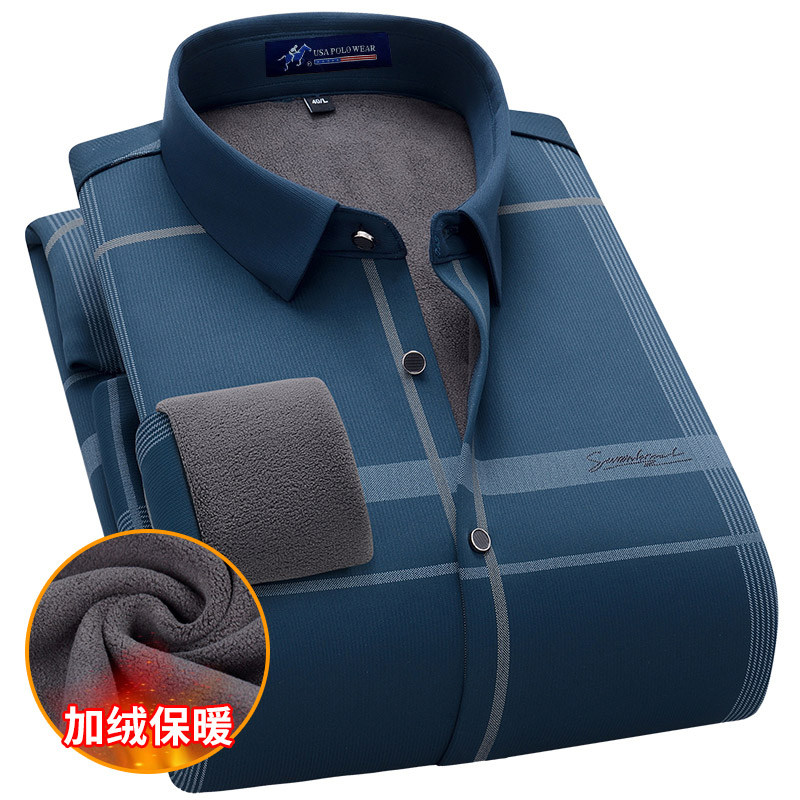 保罗保暖衬衫男冬季加绒加厚青中年爸爸装格子一体绒男士百搭衬衣