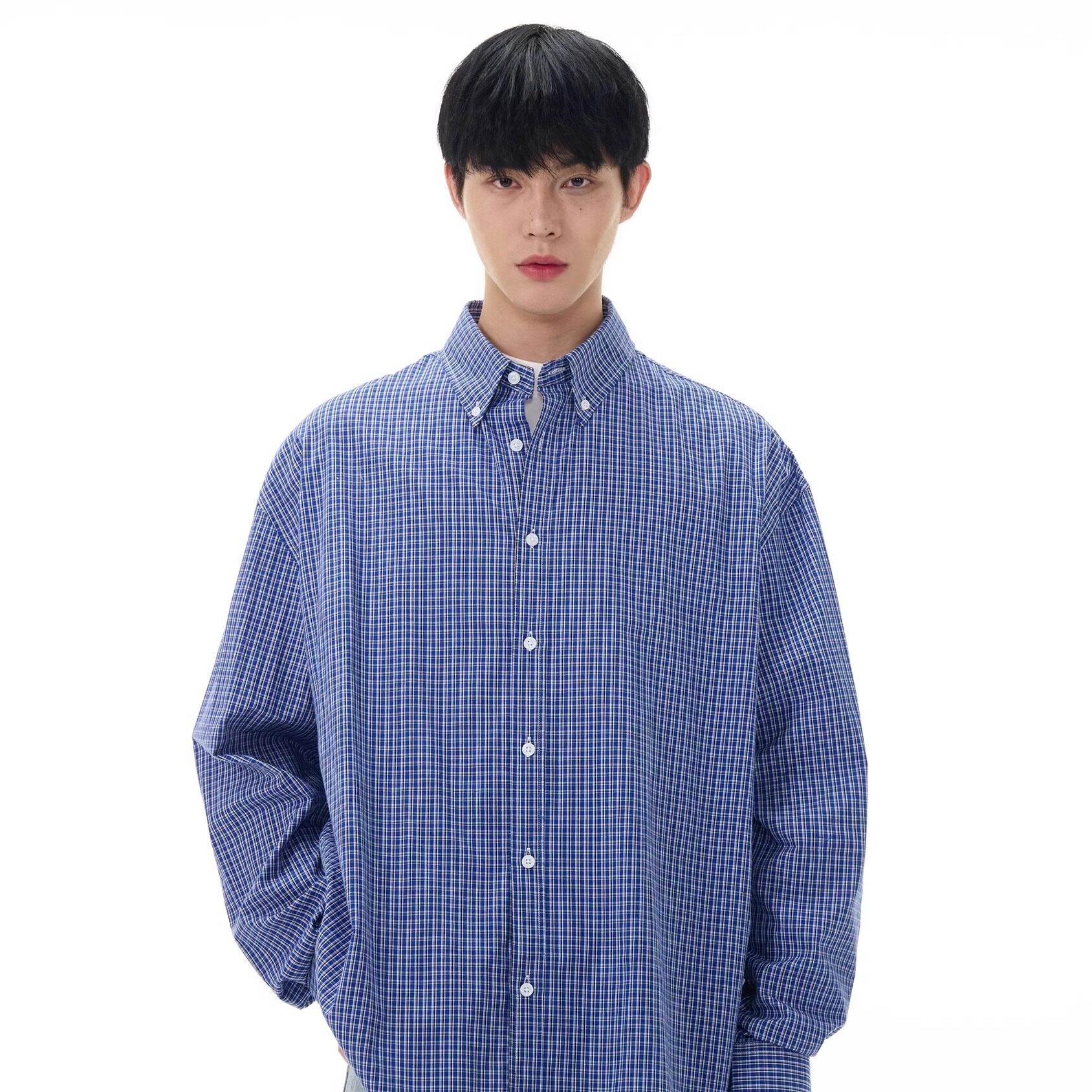 美式复古蓝色格子慵懒长袖衬衫男女高级感百搭宽松休闲衬衣外套潮