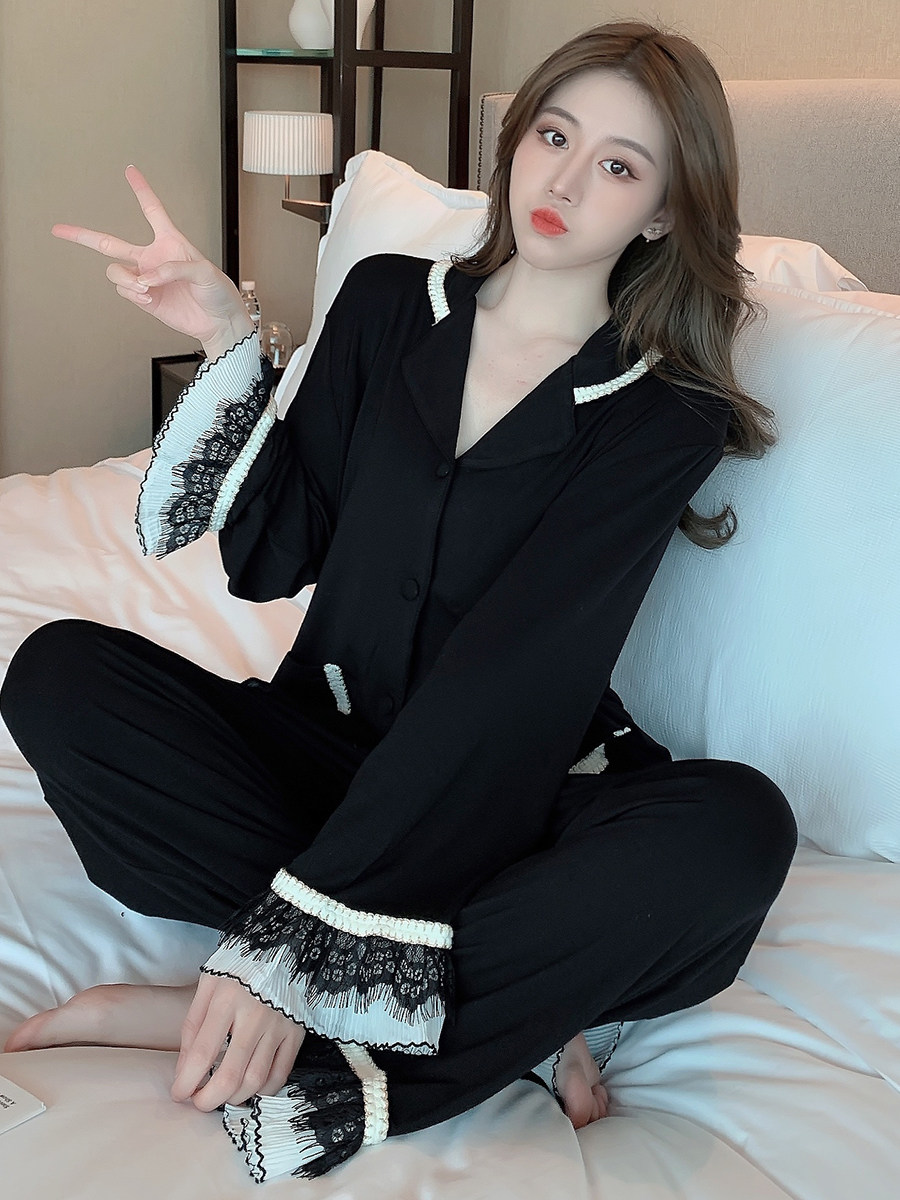 2023秋冬新款莫代尔睡衣女士蕾丝花边长袖长裤黑色纯棉家居服套装