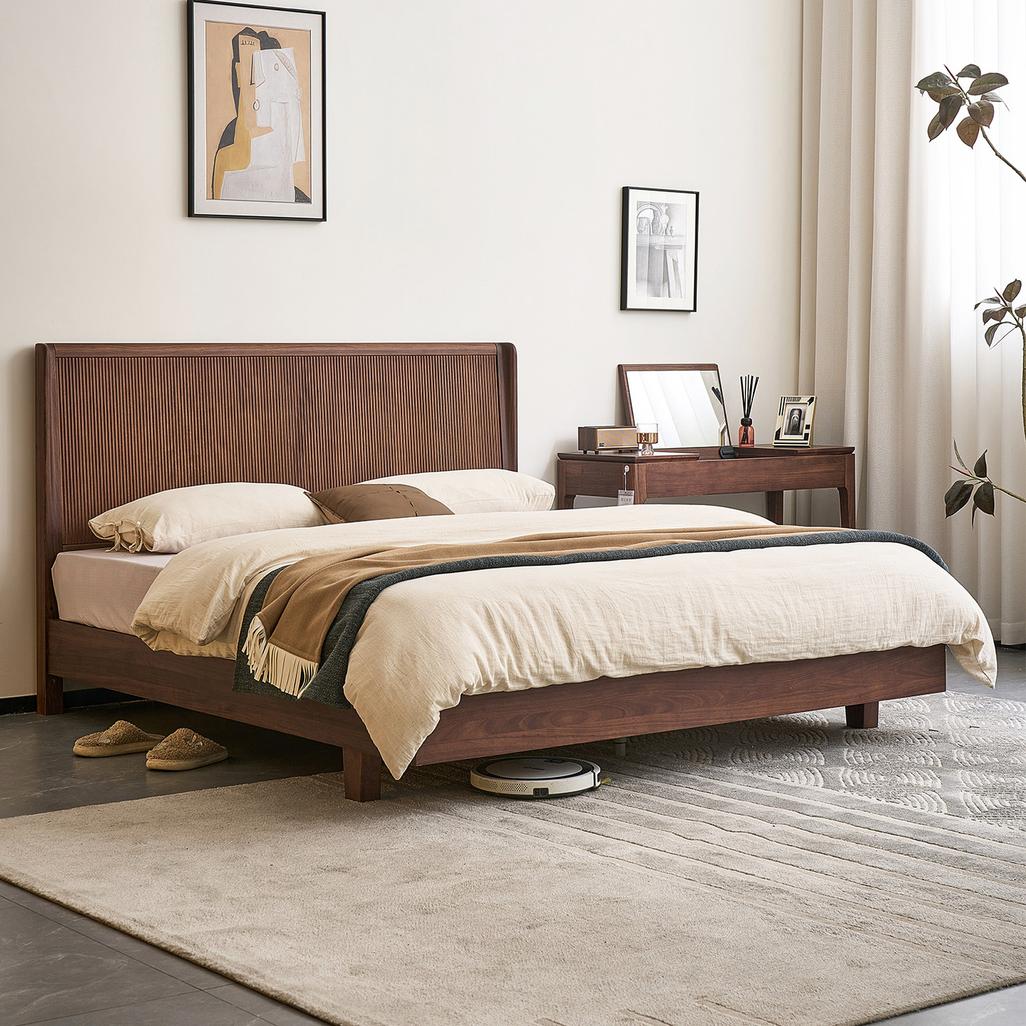 木居盛法式中古风黑胡桃木床全实木大板家用主卧1.8m双人床