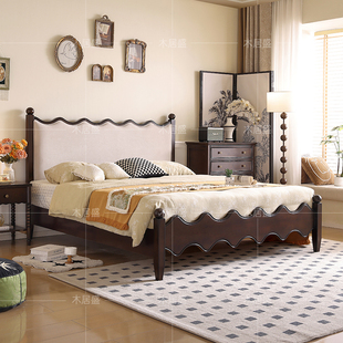 法式中古复古风床涟漪床黑胡桃木床小户型绒布双人实木软包床