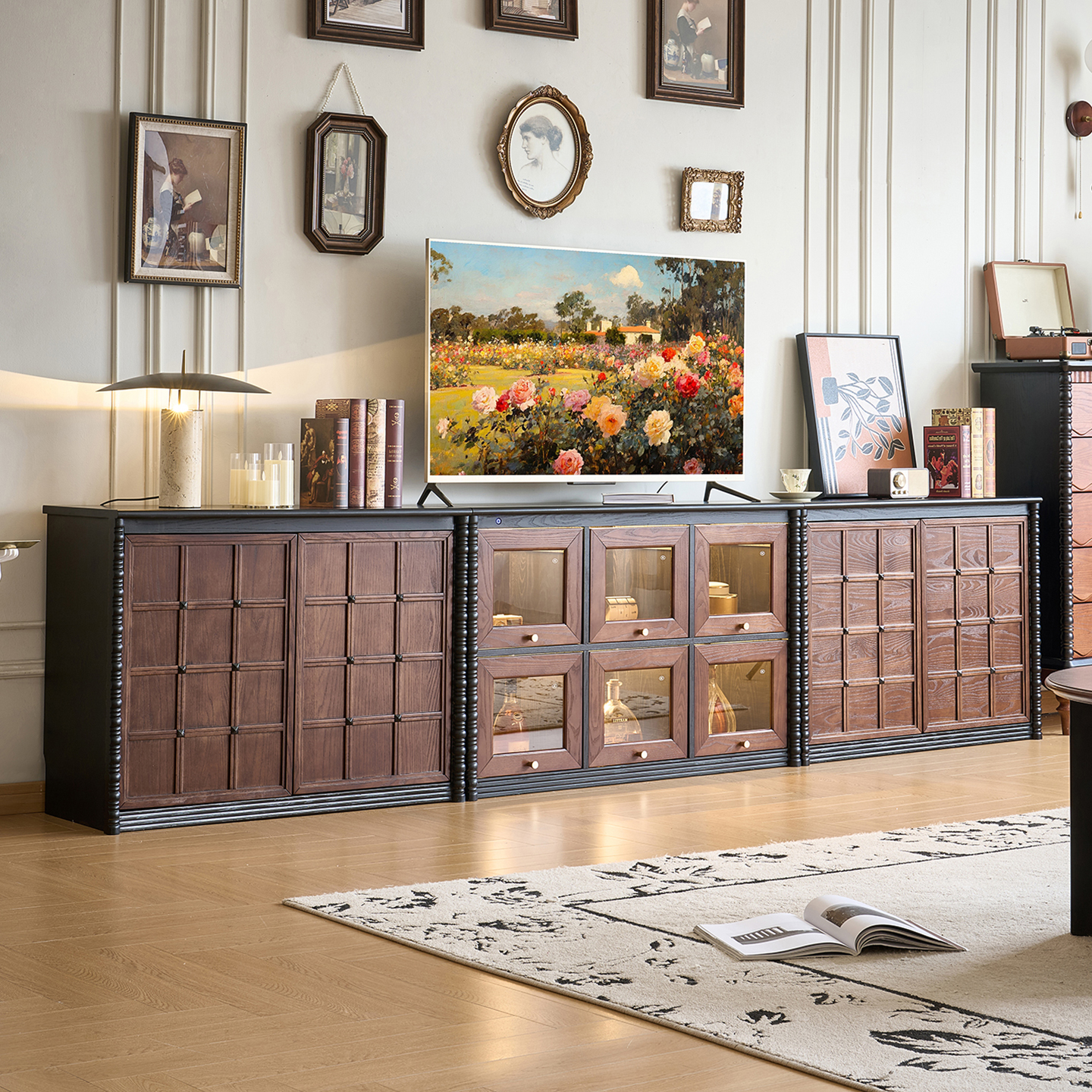 法式复古实木电视柜落地展示柜