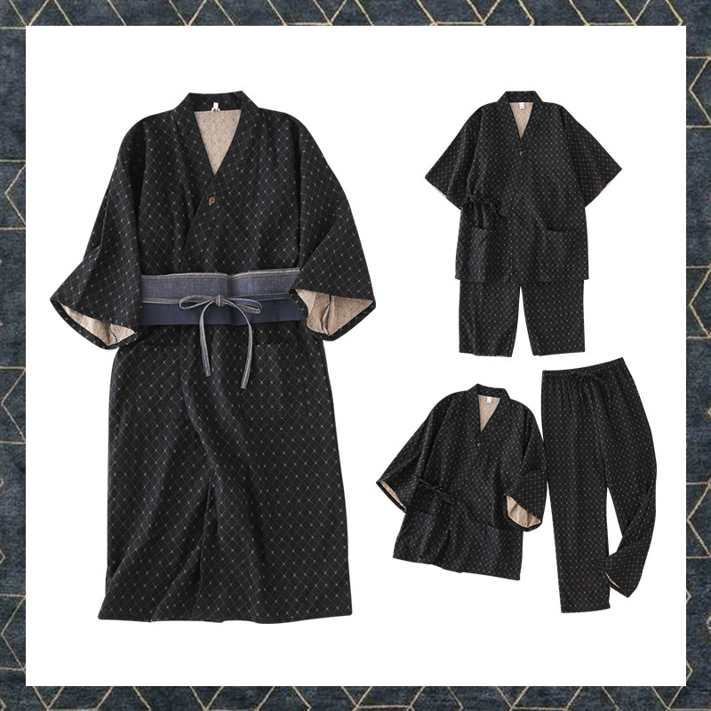 双层棉睡衣日式和风绗缝睡袍复古睡裙秋冬男浴衣格子家居服两件套